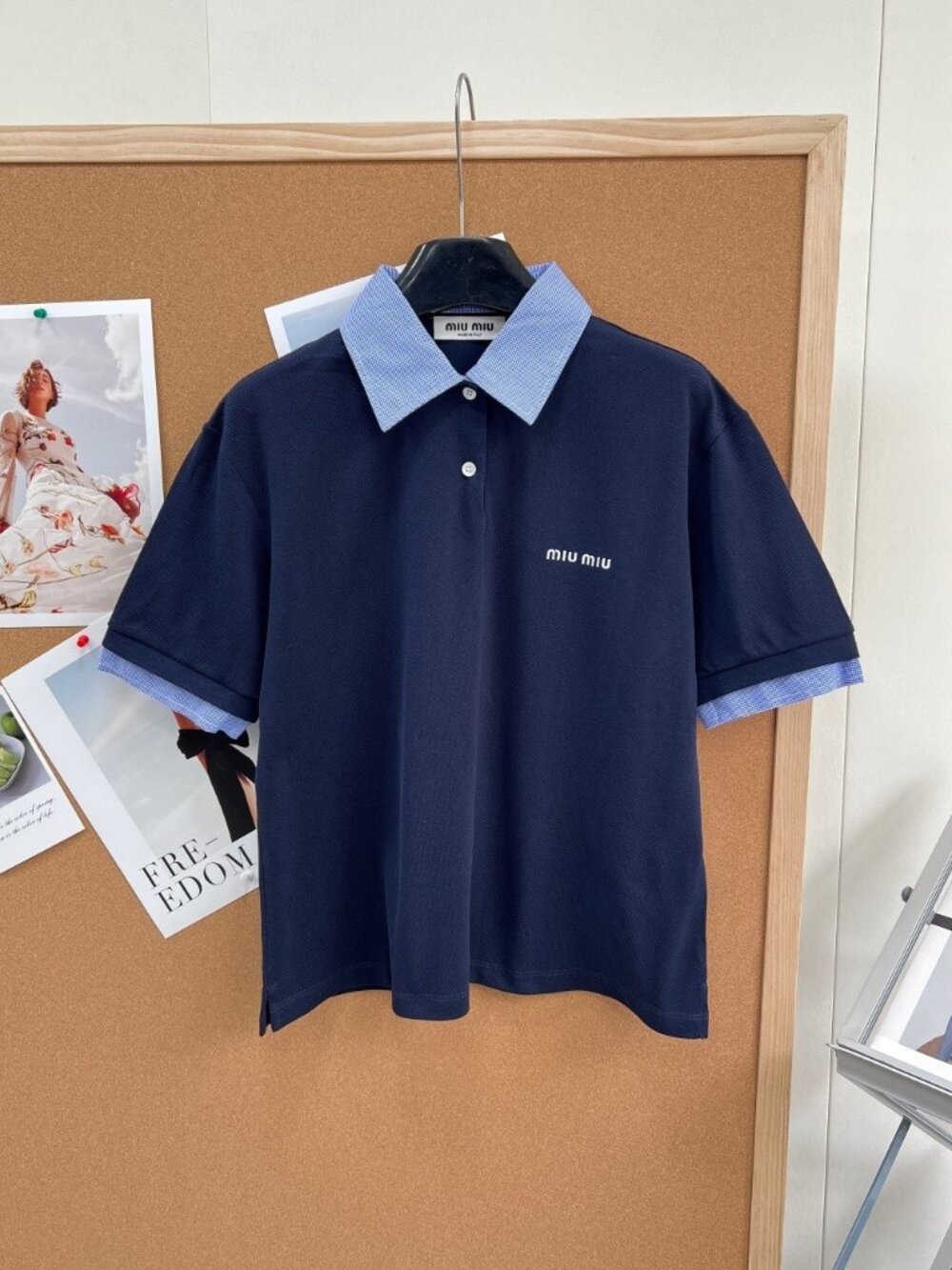 Miu Miu Navy Contrast Collar Short Sleeve Polo Shirt Embroidered Logo S